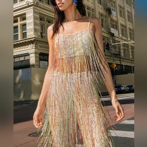 Nasty gal Sequin Tassel Beaded Crop Top sz 2top pants 4